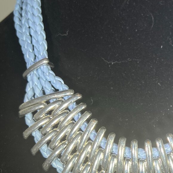 GUESS Silver-Tone Multi-Layer Blue Faux Leather Statement Necklace - Picture 3 of 5